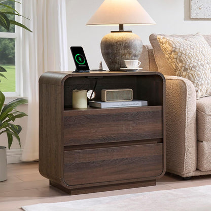 Modern Walnut Nightstand, 25" Tall Wooden Bedside Table with Charging Station, 2 Storage Drawers Side Table Curved Profile, Handleless, Large End Table Night Stand for Bedroom, Office