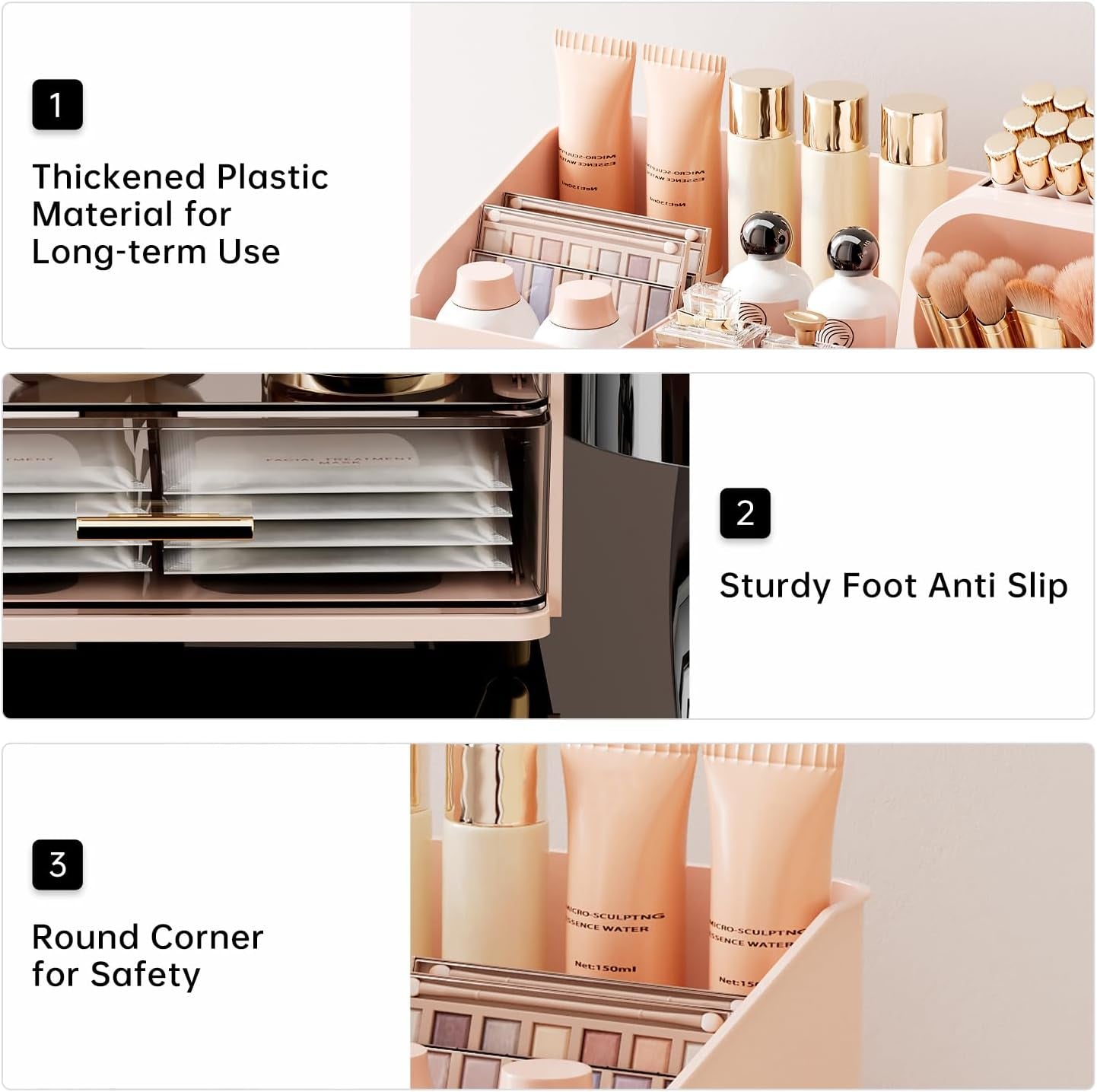 Makeup Organizer for Vanity with Brush Holder, Countertop Organizer with 2 Drawers, Spacious Cosmetic Display Case for Beauty Essential, Skincare, Lipstick