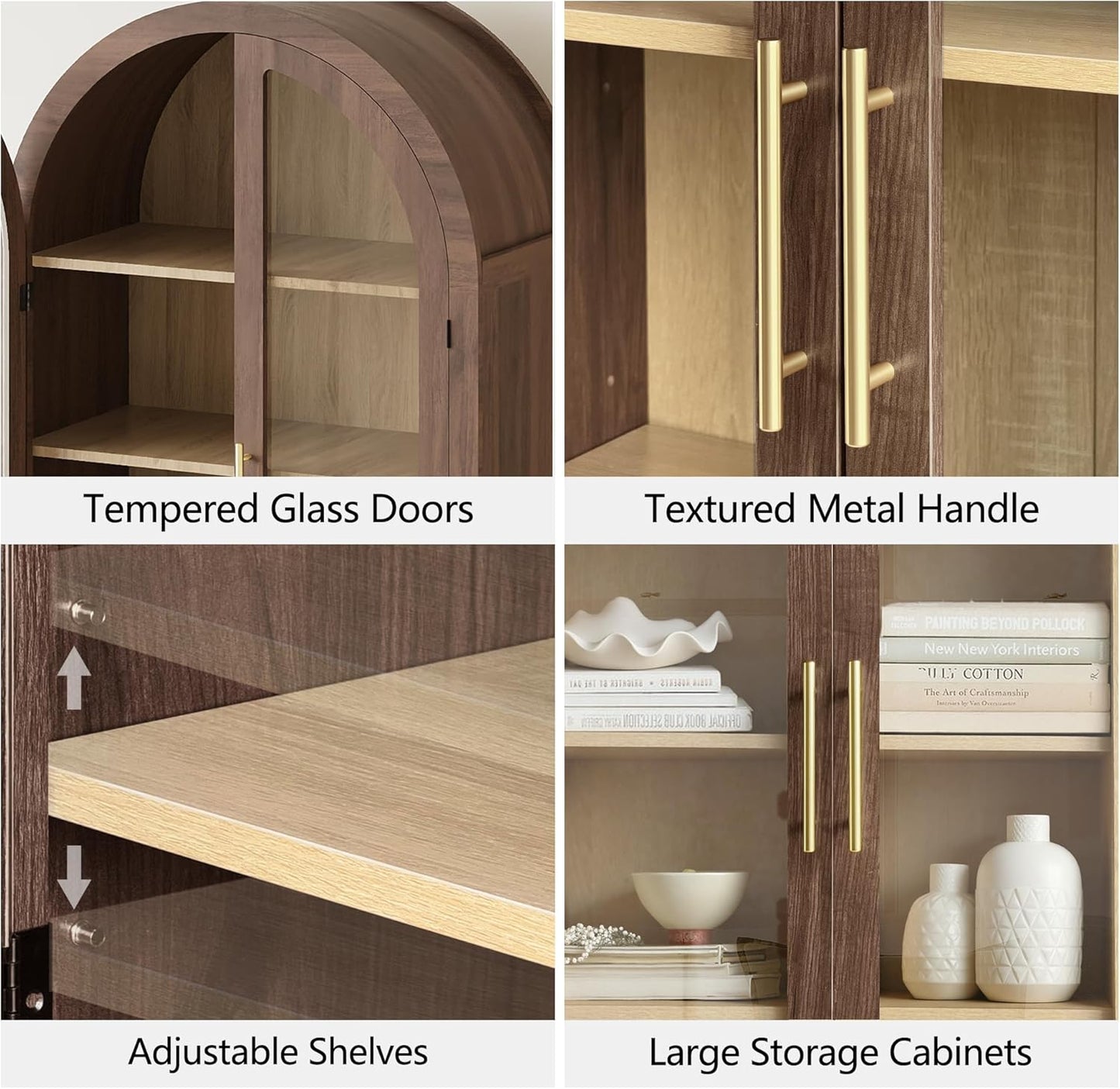 Tall Arched Cabinet with Glass Doors, 68.9" Pantry Storage Cabinets with Fluted Doors & Adjustable Shelves, Mid Century Modern Wood Display Bookcase for Kitchen, Living Room, Bathroom, Walnut