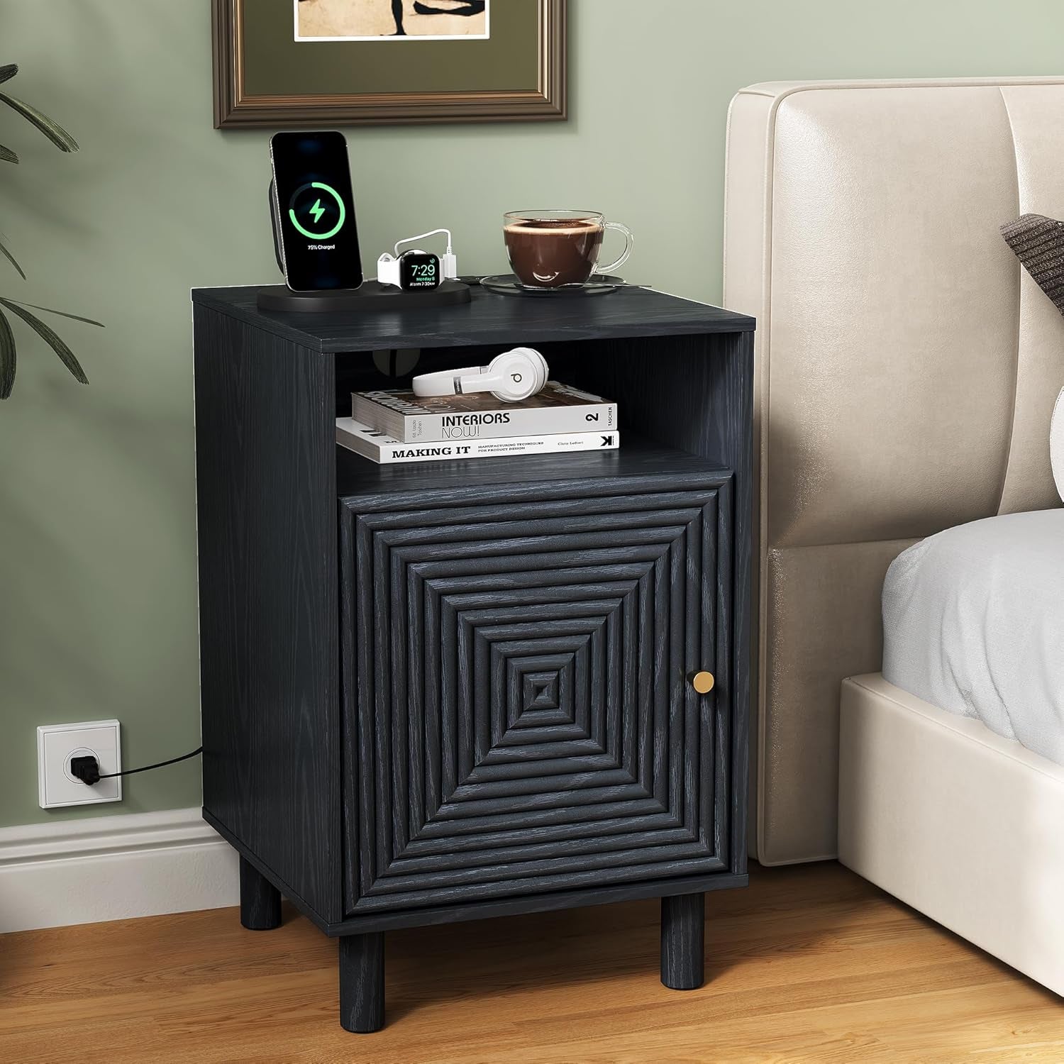 Nightstand Set of 2, Modern Side Table with Charging Station, Accent End Table with Solid Wood Legs, Bedside Table for Bedroom, Entryway, Black