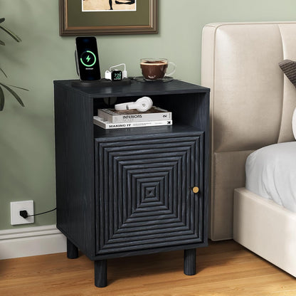 Nightstand Set of 2, Modern Side Table with Charging Station, Accent End Table with Solid Wood Legs, Bedside Table for Bedroom, Entryway, Black