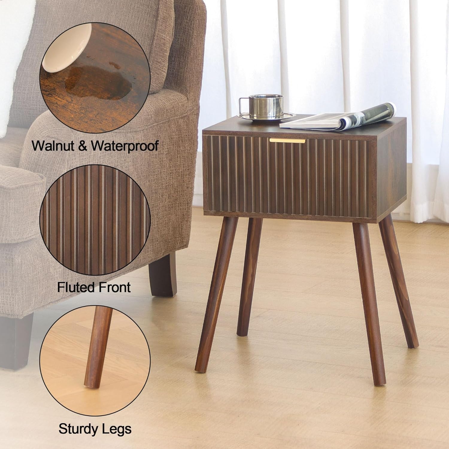 Mid Century Modern Nightstand, Small End Tables Living Room, Accent Bedside Table with Drawer for Bedroom and Small Space, Rustic Brown