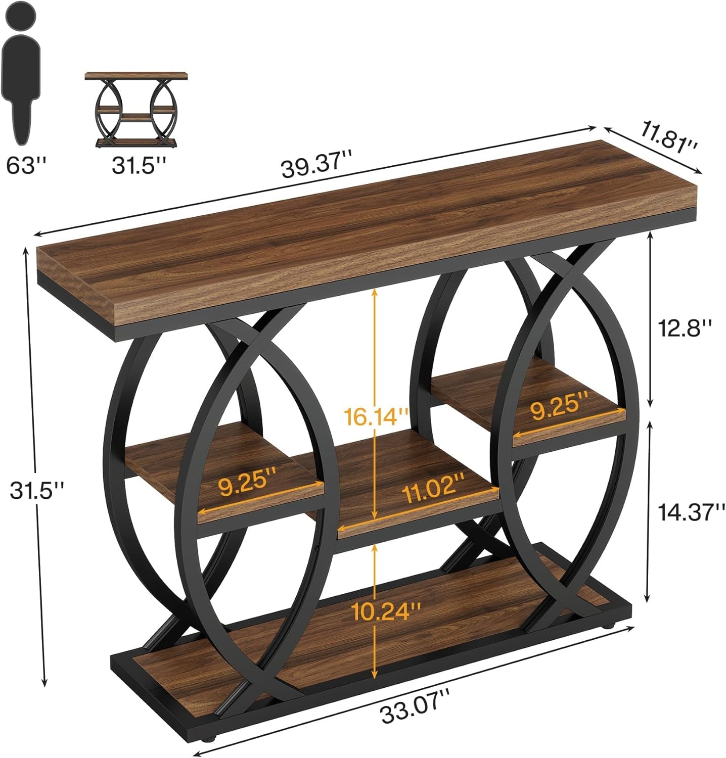 39.4" Console Table, Industrial 4-Tier Sofa Table Entryway Table with Storage Shelves, Narrow Wood Accent Tables with Metal Frame for Small Spaces, Hallway, Foyer, Rustic Brown