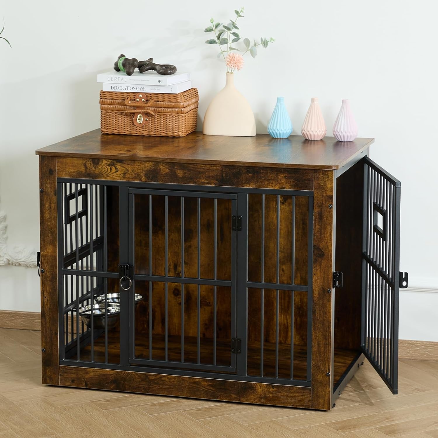 Dog Crate Furniture for Medium Dogs, 32.7 Inch Dog Kennel Indoor, Wooden Dog Cage End Table with 2 Removable Bowls, Heavy Duty Dog Crate, Rustic Brown