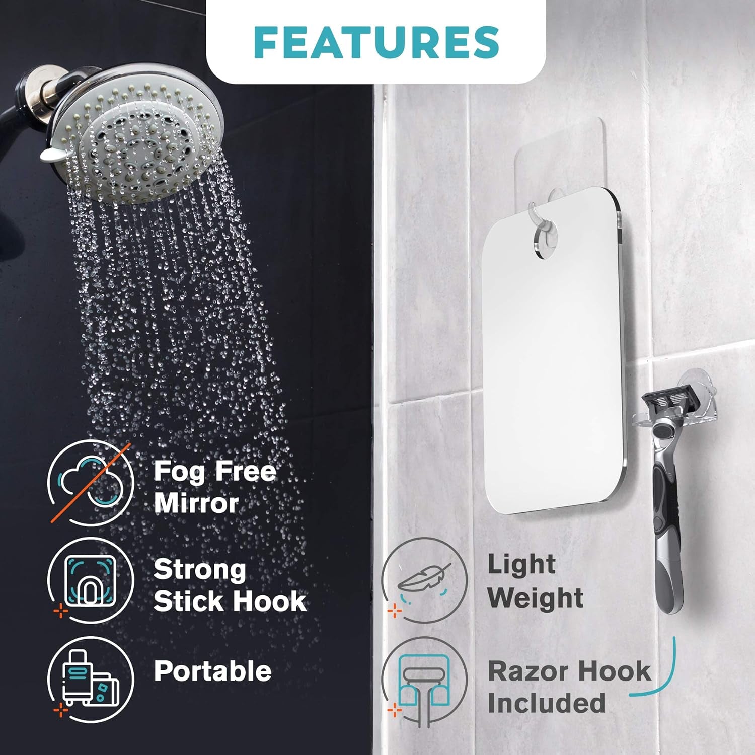 Fogless Shower Mirror for Shaving – Anti-Fog Acrylic Mirror with Razor Holder, No-Drill Wall Mount, Flat Design for Steam Showers, Medium 6X8In
