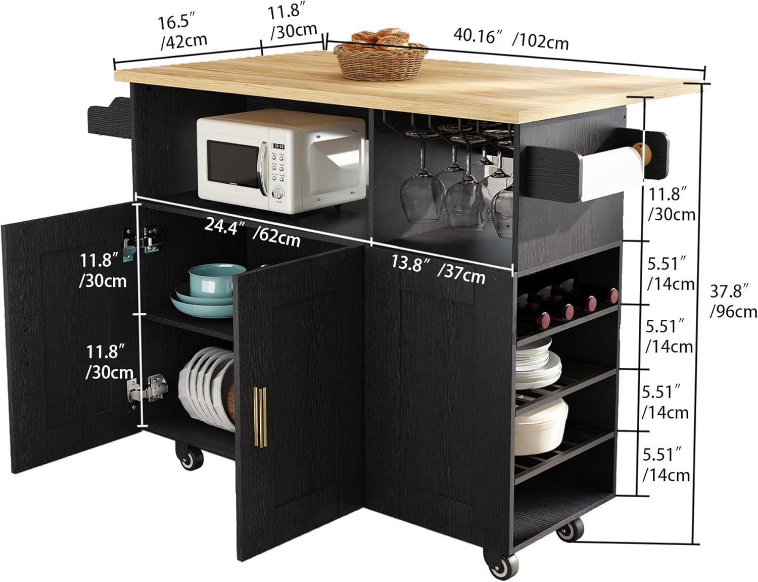 Rolling Mobile Kitchen Island with Storage and Drop Leaf, Island Table with Countertop Power Socket and Wheel (Black, Model 1.2)