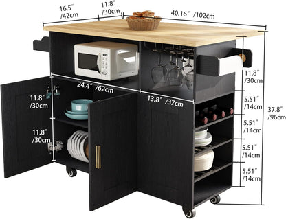 Rolling Mobile Kitchen Island with Storage and Drop Leaf, Island Table with Countertop Power Socket and Wheel (Black, Model 1.2)