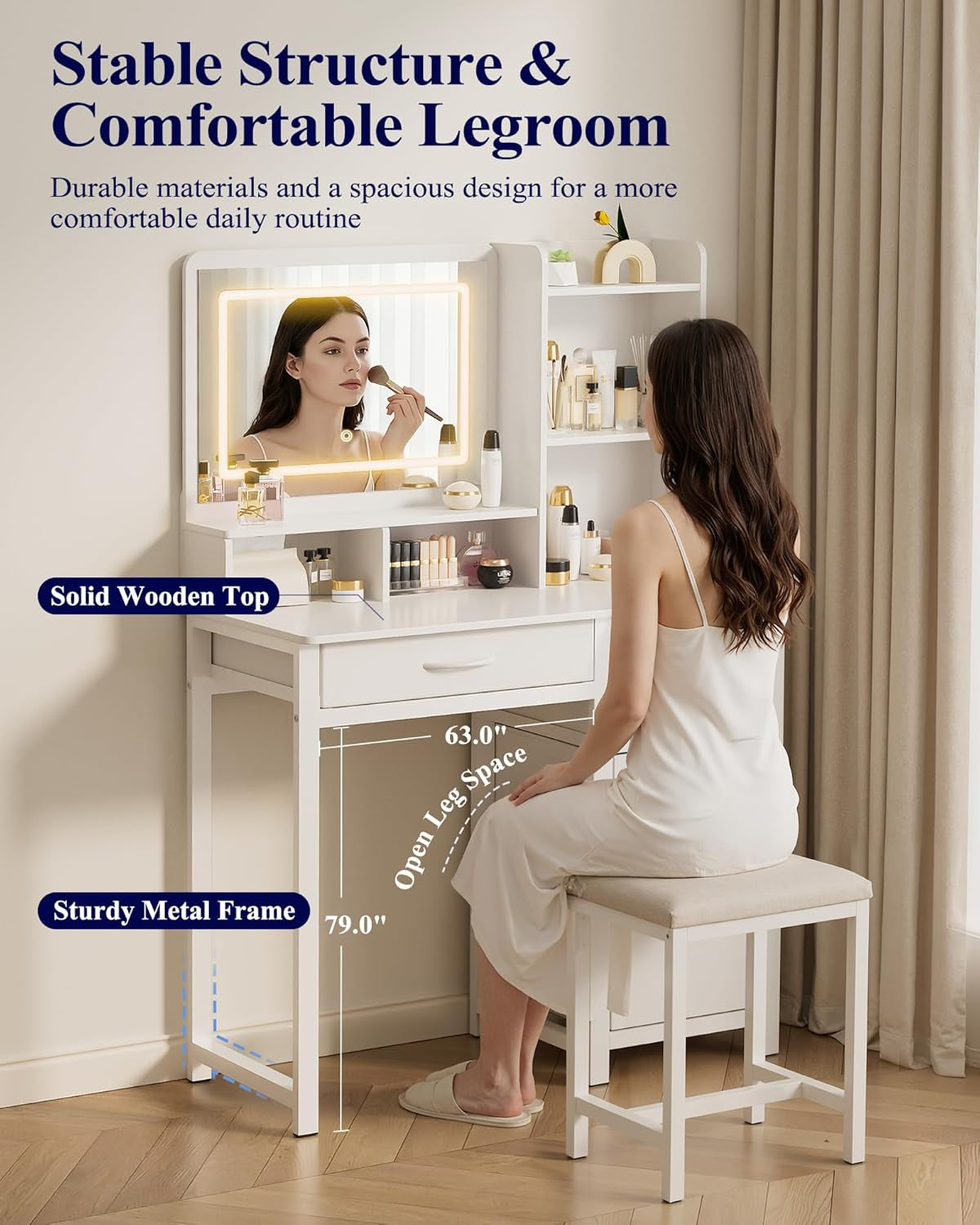 Vanity Desk with Mirror and Lights - Large Capacity Makeup Vanity with 4 Fabric Storage Drawers & 3 Lighting Modes, Vanity Table Set with Sturdy Metal Frame for Bedroom, White, 35" X 17" X 52"