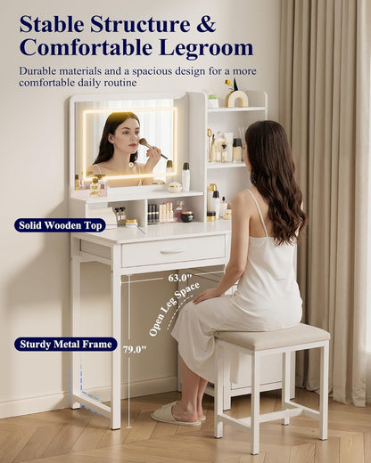 Vanity Desk with Mirror and Lights - Large Capacity Makeup Vanity with 4 Fabric Storage Drawers & 3 Lighting Modes, Vanity Table Set with Sturdy Metal Frame for Bedroom, White, 35" X 17" X 52"