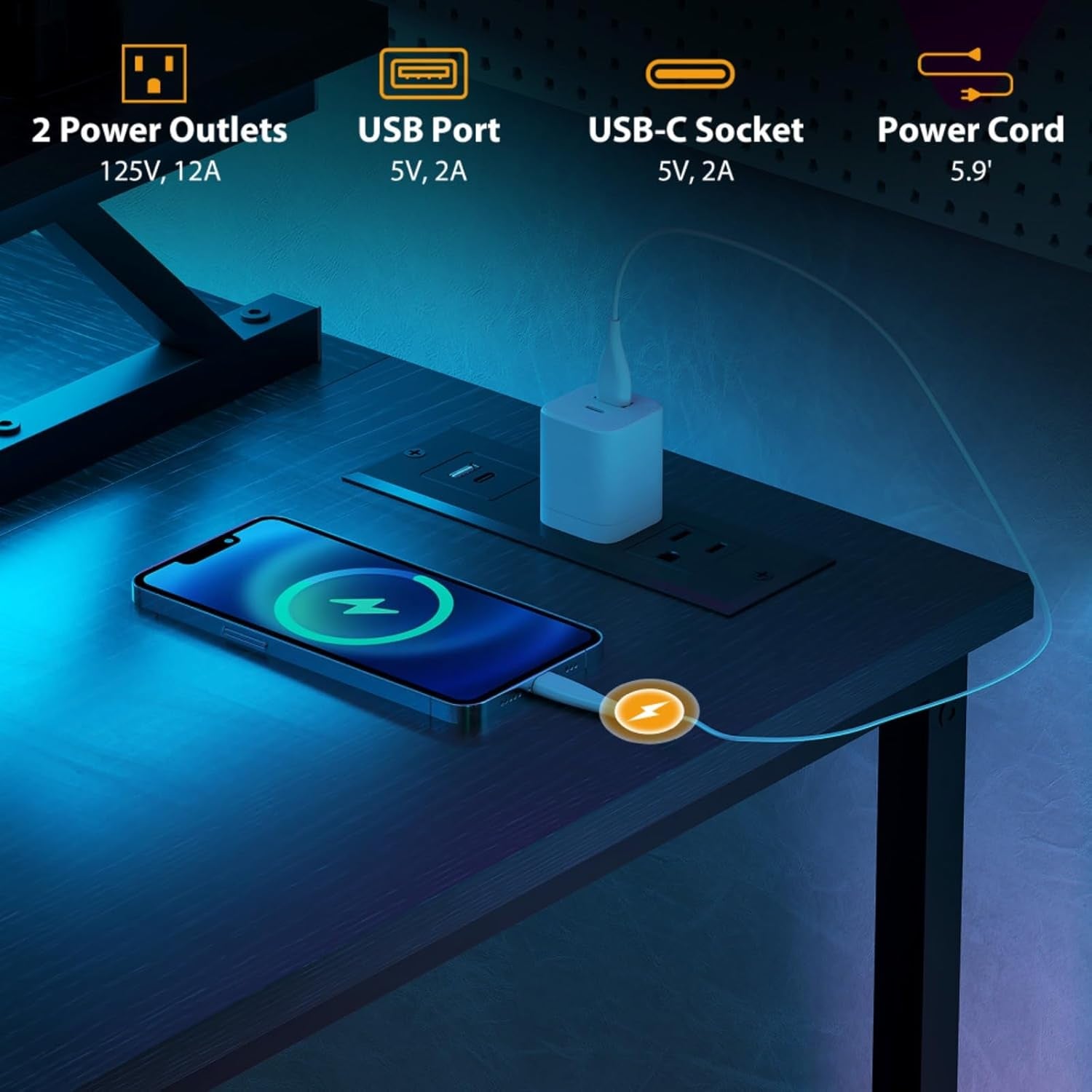 Reversible L Shaped Computer Desk with Built-In Charging Station and RGB LED Light, Home and Office Corner Desk with Ergonomic Monitor Stand
