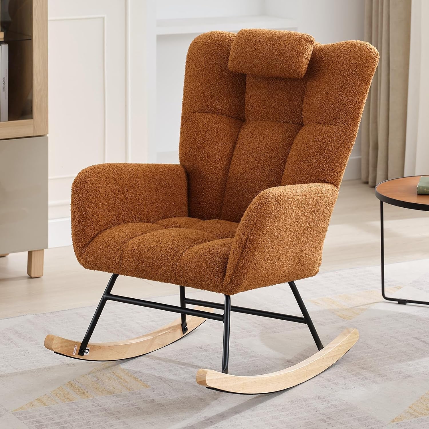 Nursery Rocking Chair,300Lb Glider Chair with Wood Legs/Two Side Pockets,Teddy Upholstered Glider Rocker with Padded Seat High Backrest for Living Room/Bedroom/Nursery