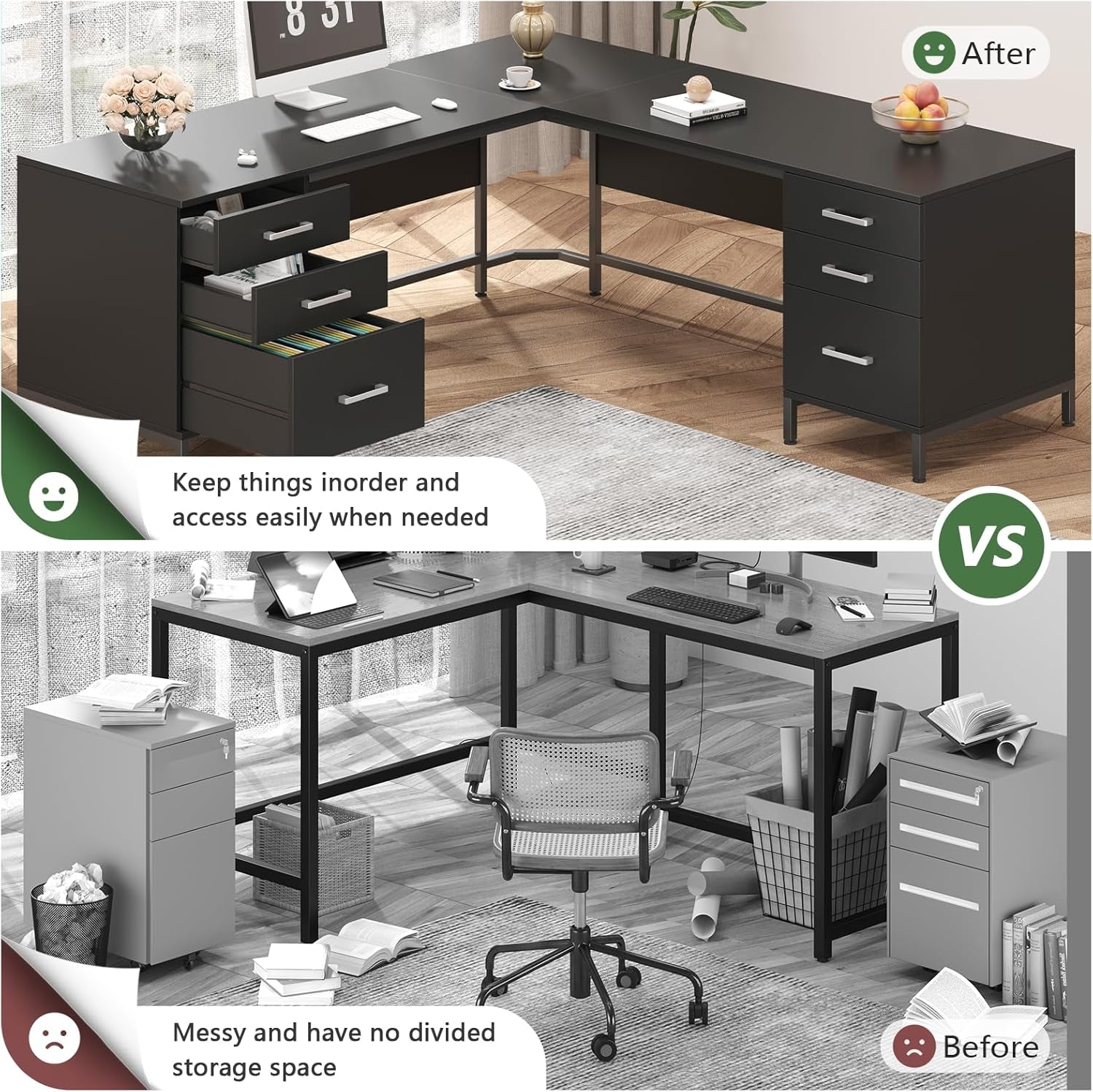 59’‘ L Shaped Desk with 6 Wood Drawers, Large Home Office Corner Computer Desk with Storage File Cabinet, Modern Metal Wood Desk for Executive Writing Study Workstation, Black