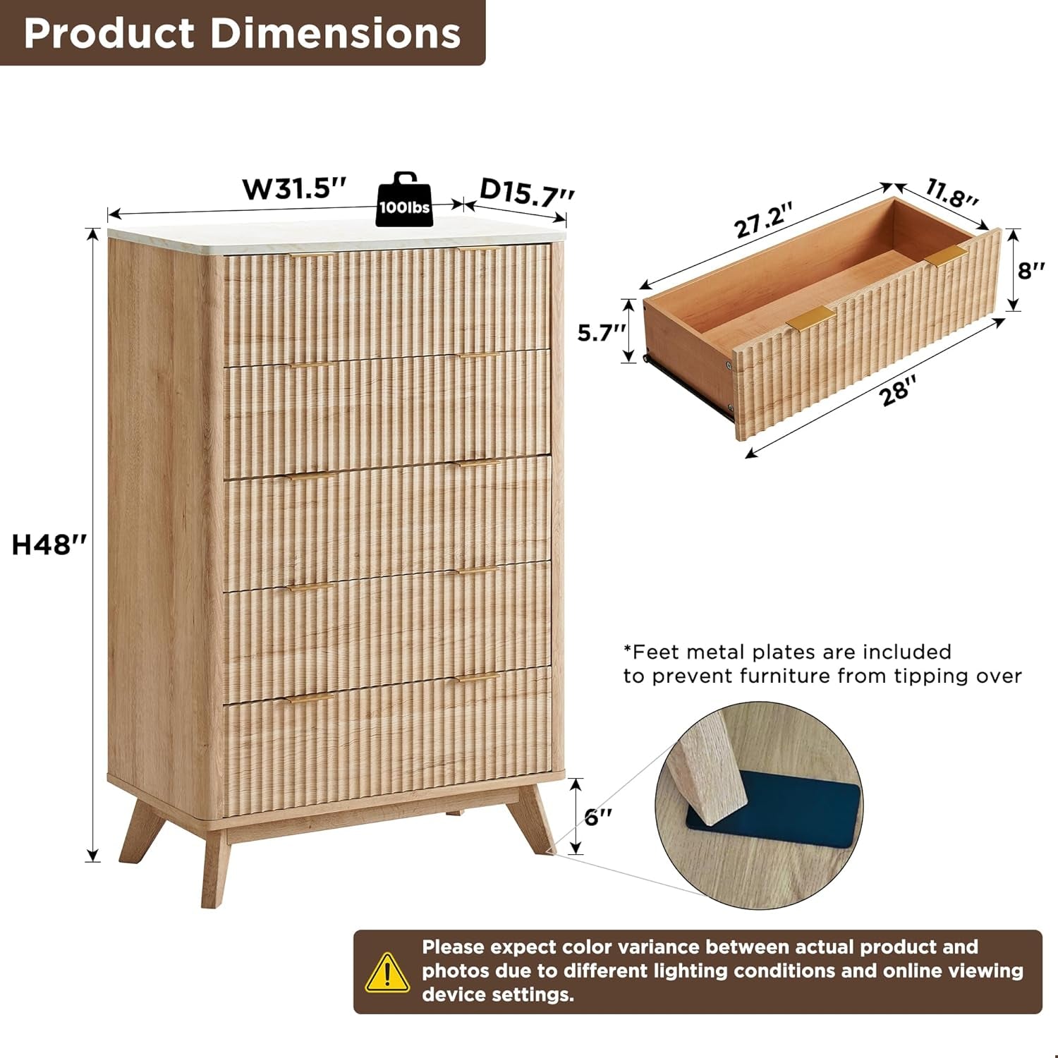 Fluted 5 Drawers Dresser, 48" Tall Modern Chest of Drawers with Faux Marble Top, Curved Profile Design, Wood Drawer Organizer for Bedroom, Living Room, Hallway, Entryway, Natural Oak