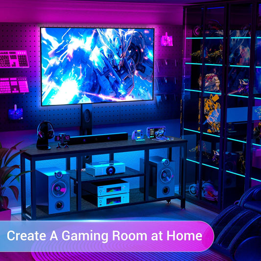 Corner TV Stand with Mount LED - Universal TV Mount Stand for 32-65" TV, Height Adjustable Swivel TV Console Wood & Steel Entertainment Center with Mount, Cabinet, Power Outlet, Colorful Light, Black