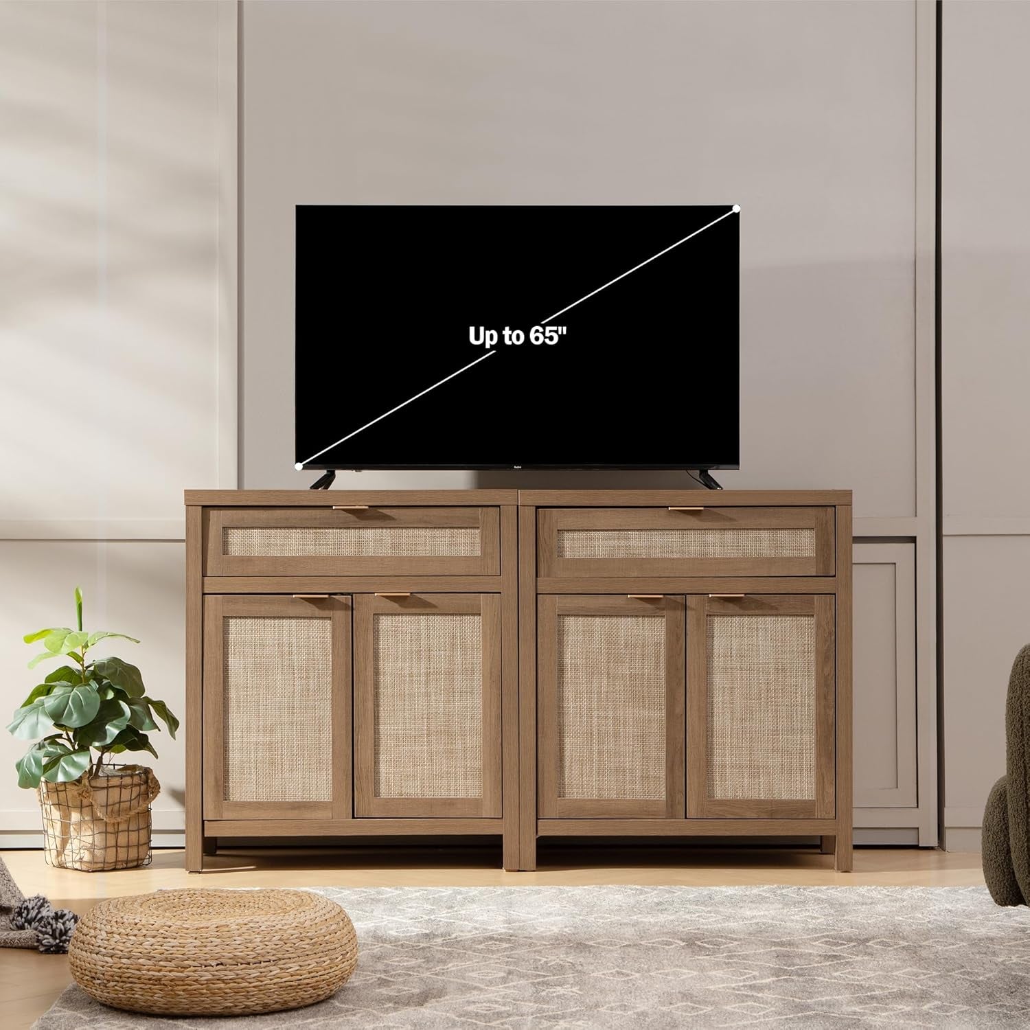 Buffet Cabinet Sideboard with Storage, Rattan Accent Cabinet with Doors Drawer, Boho Credenzas Farmhouse Buffet Table Console Coffee Bar Cabinets for Entryway Living Room, Natural Oak