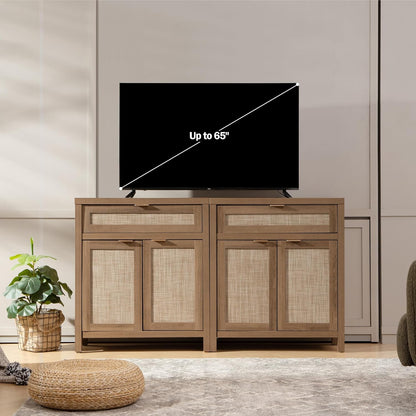 Buffet Cabinet Sideboard with Storage, Rattan Accent Cabinet with Doors Drawer, Boho Credenzas Farmhouse Buffet Table Console Coffee Bar Cabinets for Entryway Living Room, Natural Oak