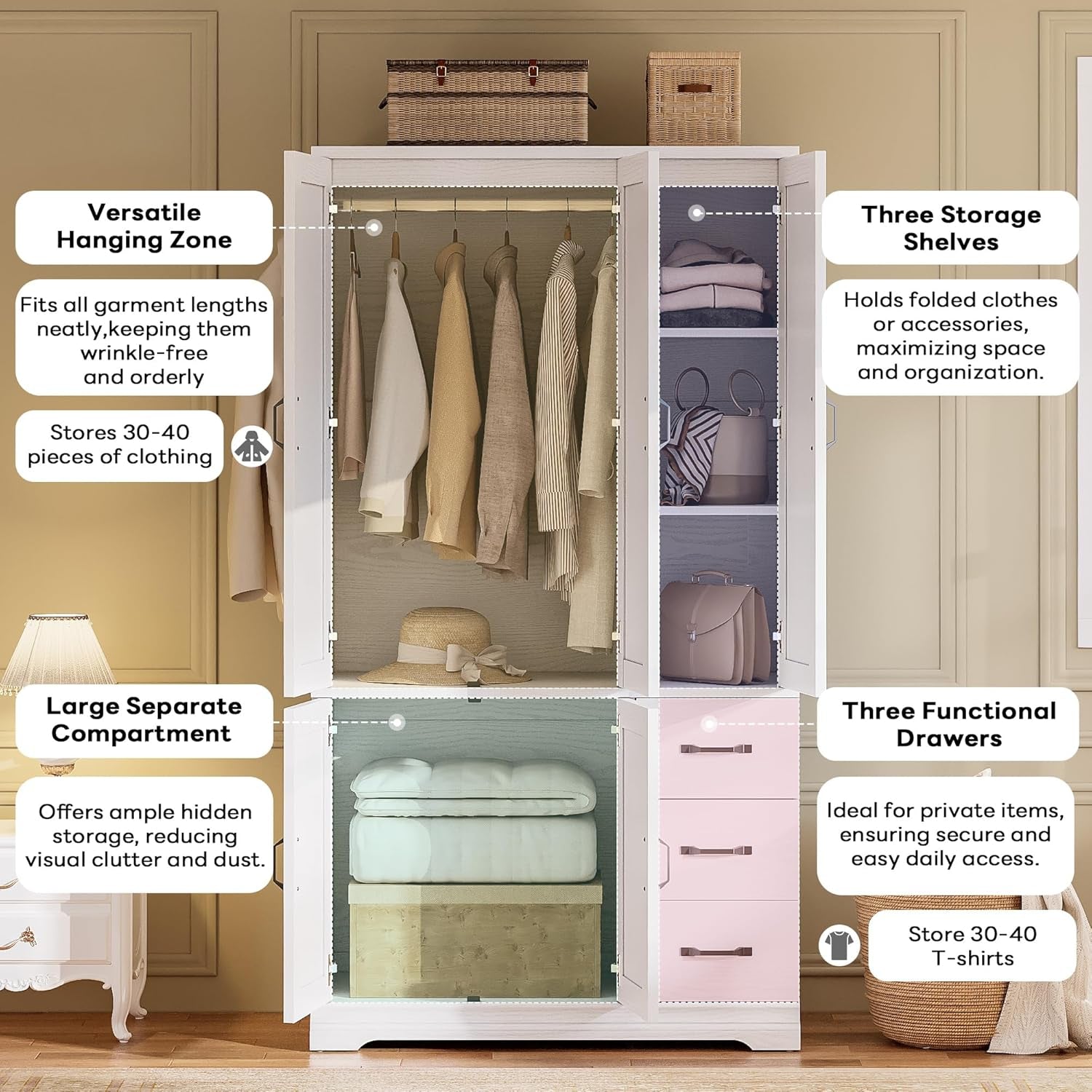 Wardrobe Closet with 5 Cabinet Doors and 3 Drawers, Large-Capacity Deep Armoire for Bedroom with 3 Side Hooks, Hanging Rod and anti - Tip Kit, White