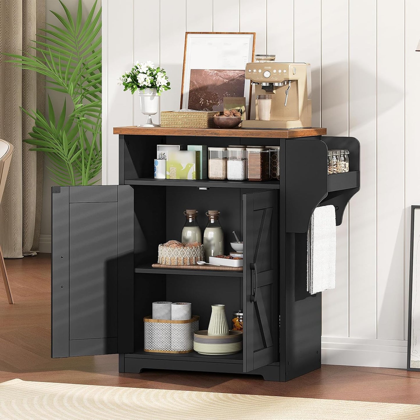 Coffee Bar Cabinet, Kitchen Island with Storage, Farmhouse Sideboard Buffet Cabinet with Dual-Purpose Floating Shelf and Hooks, for Restaurant, Living Room, Rustic Brown KF22BR
