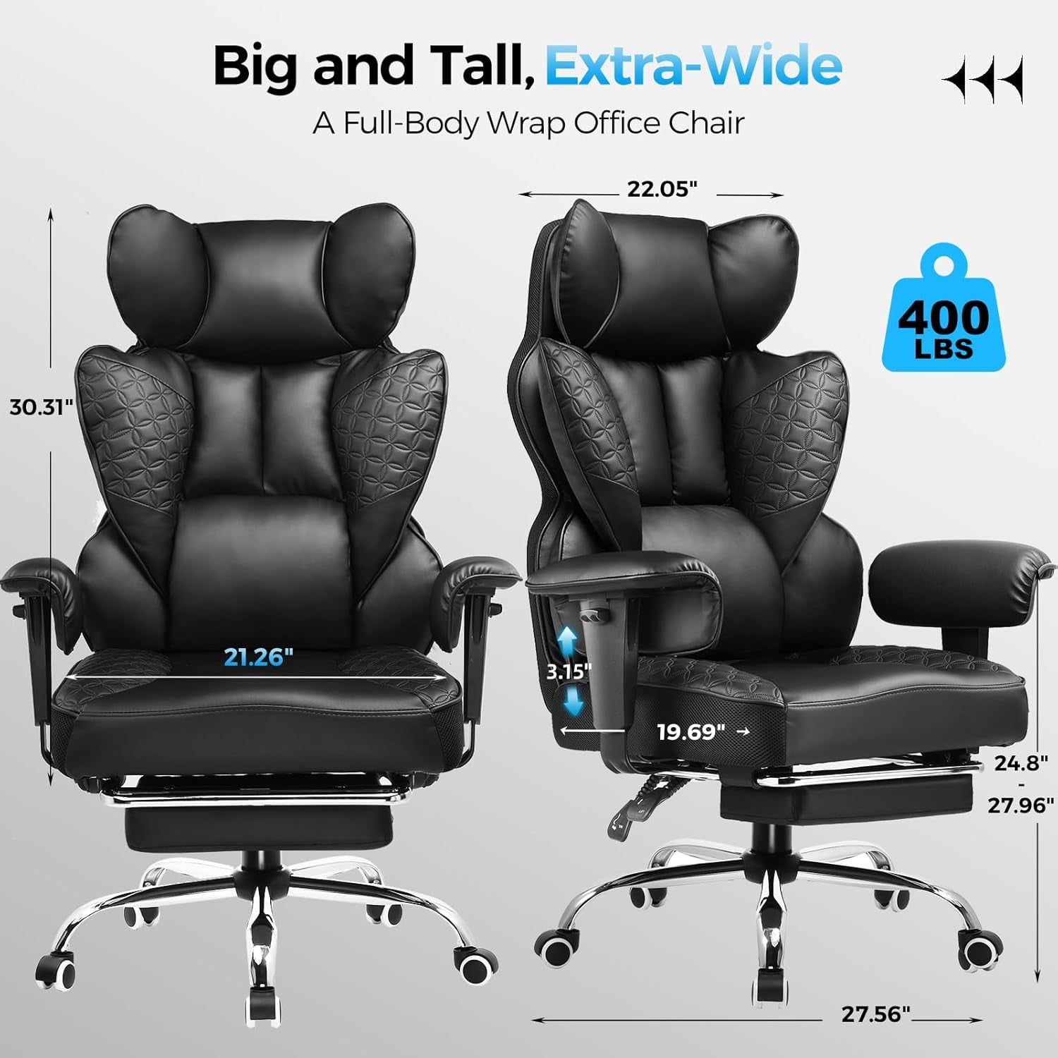 Big and Tall Gaming Chair 400Lbs Heavy Duty Office Chair with Foot Rest & Ergonomic Pocket Spring Lumbar Support, High Back 3D Saddle Shaped Cushion for Back Pain Relief, Matte-Black