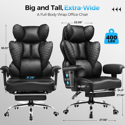 Big and Tall Gaming Chair 400Lbs Heavy Duty Office Chair with Foot Rest & Ergonomic Pocket Spring Lumbar Support, High Back 3D Saddle Shaped Cushion for Back Pain Relief, Matte-Black