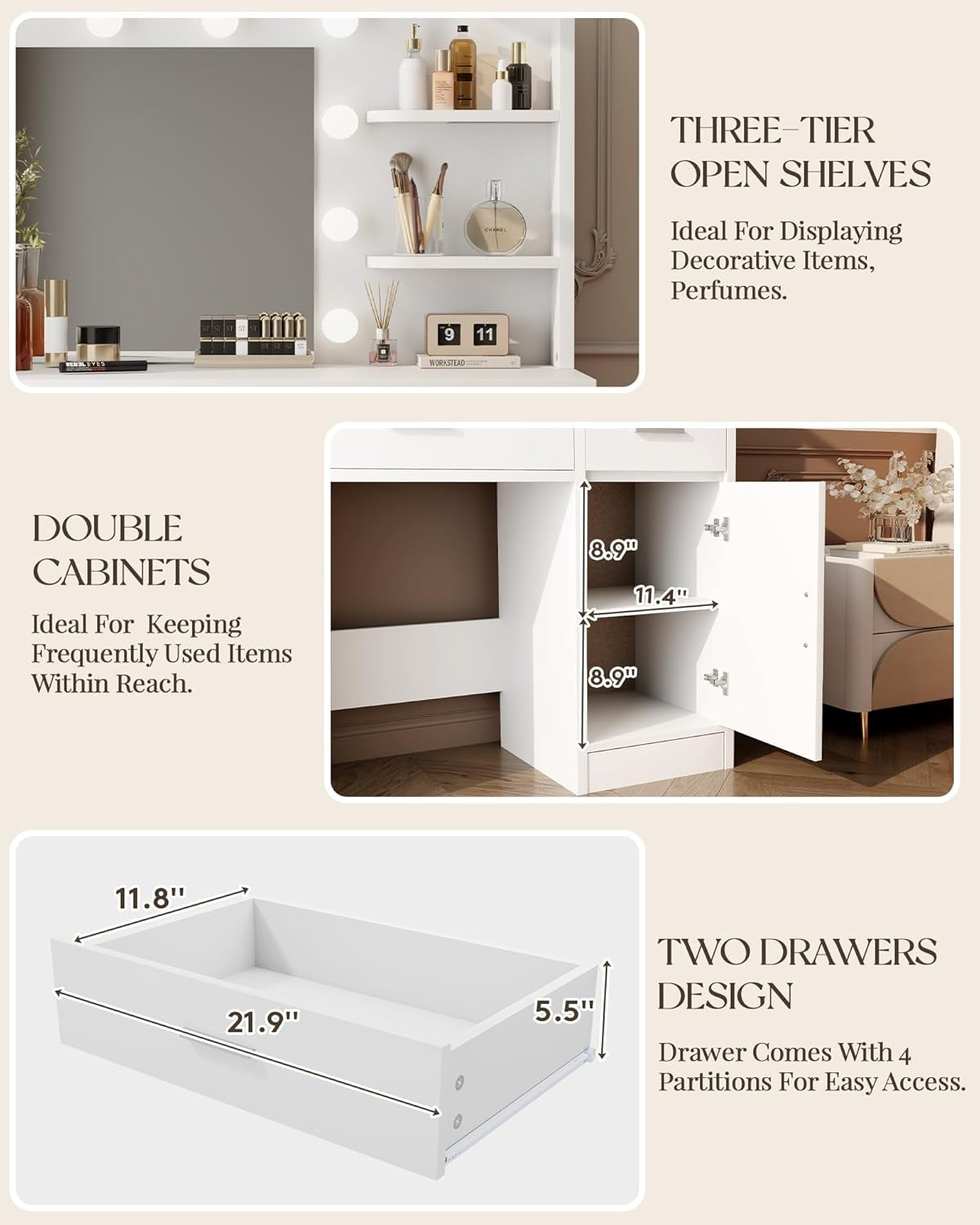 Lighted Makeup Vanity Desk, 35.4“W X 15.7'”D X 54“H, White (With Lights and Mirror, Dimming Function, 2 Drawers and 1 Cabiniet, Open Shelves) by Boahaus