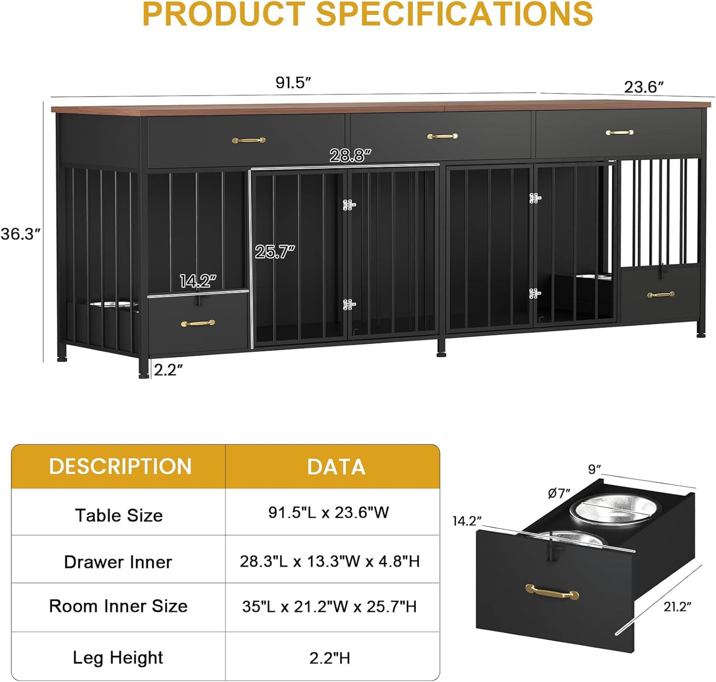 Large Dog Crate Furniture with Feeder, 91.5" Wooden Dog Kennel Furniture with 3 Drawer and Dog Bowls, Double Dog Crate TV Stand Table for Small Medium Large Dogs, Black