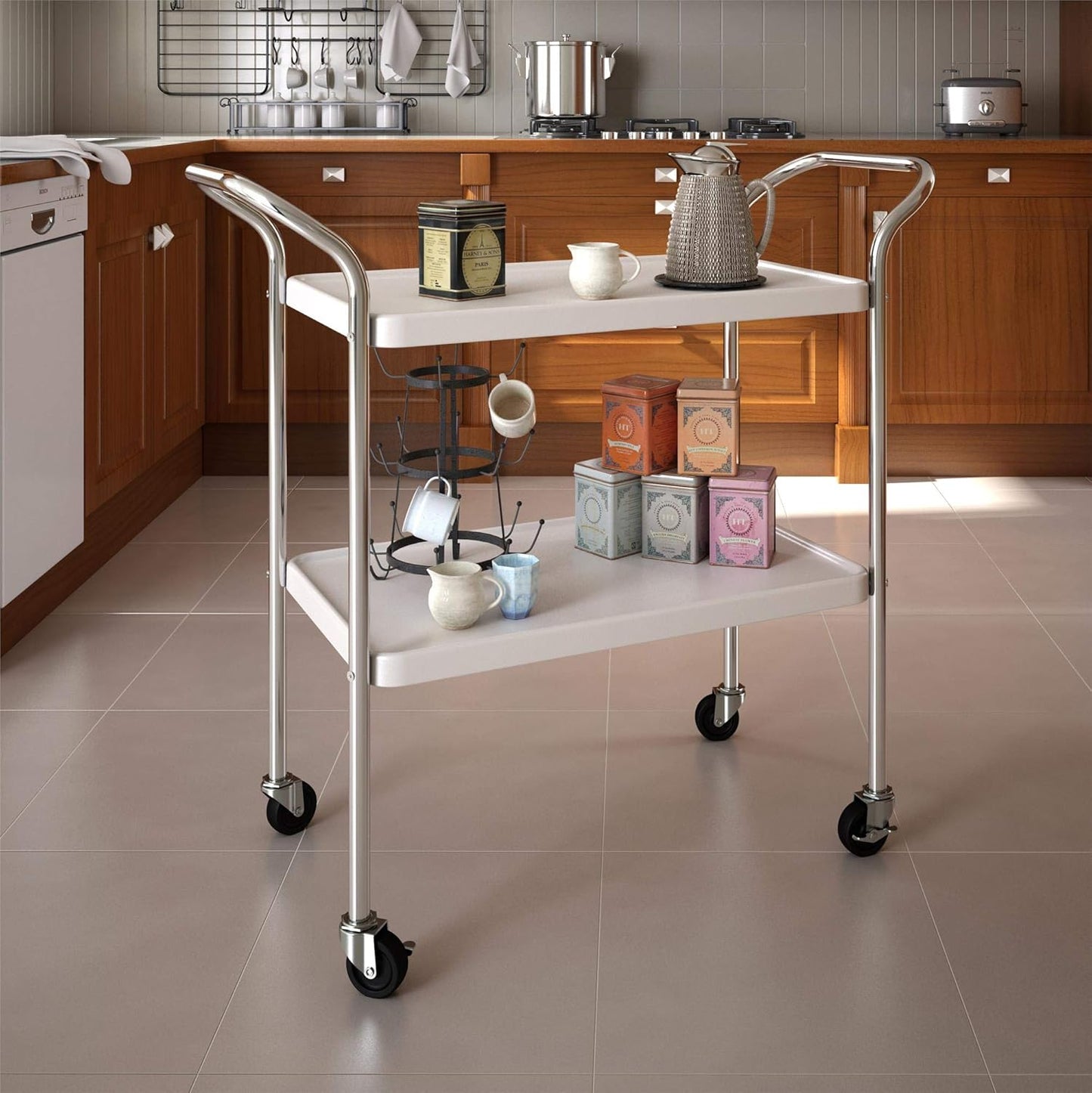 Stylaire 2 Tier Serving Cart, White & Silver