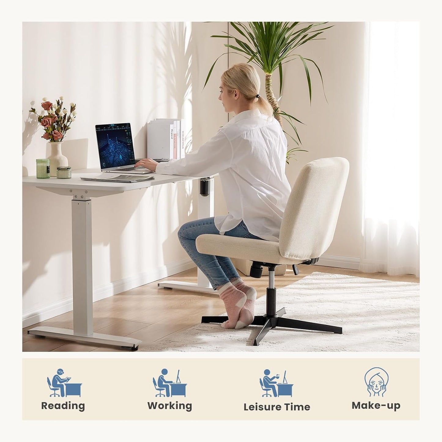 Desk Chair No Wheels, Criss Cross Chair Wide Cross Legged Office Desk Vanity Comfy Chair, Armless Adjustable Swivel Chairs for Home Computer Task Beige