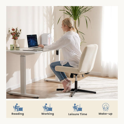 Desk Chair No Wheels, Criss Cross Chair Wide Cross Legged Office Desk Vanity Comfy Chair, Armless Adjustable Swivel Chairs for Home Computer Task Beige