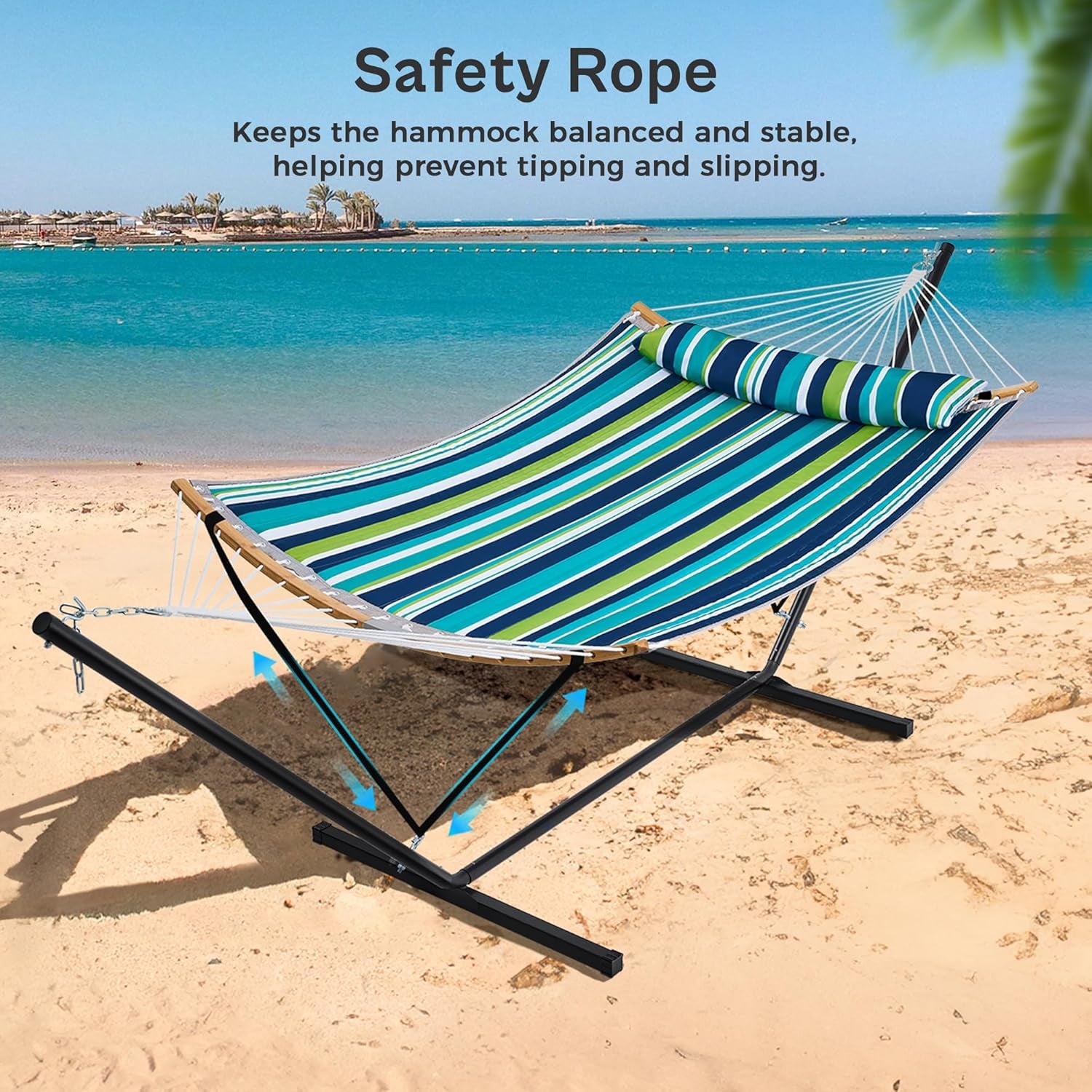 Hammock with Stand, 2 Person Heavy Duty Hammock with Padded Cotton, Detachable Pillow & Strong Curved-Bar & Portable Carrying Bag, Perfect for Outdoor & Indoor - Dark Cyan