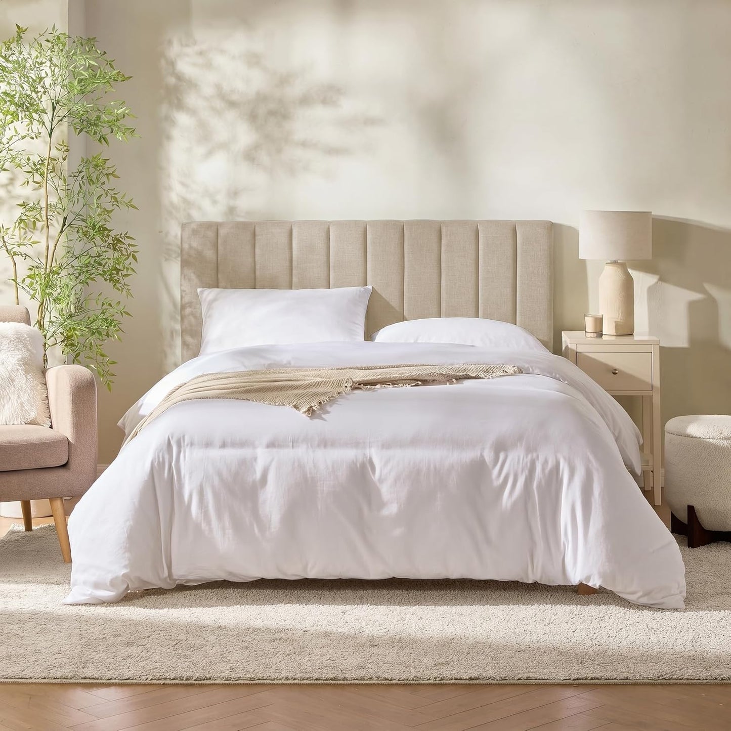 Upholstered Queen Headboard - Easy Assemble Channel Stitched Headboard Queen Size - Wall Mounted Headboards with 3D Soundproof Wall Panels Peel & Stick Floating Headboards, Beige