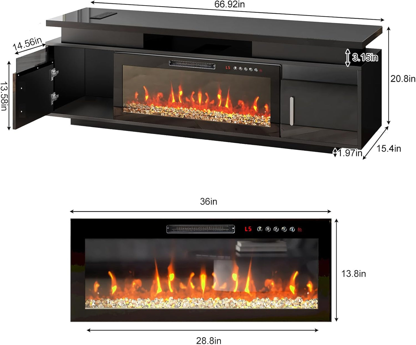 TV Stand with Fireplace, 67In Entertainment Center with Opening Shelves Modern Storage Cabinets and LED Lights, for 80 Inch Tvs, for Living Room, Black