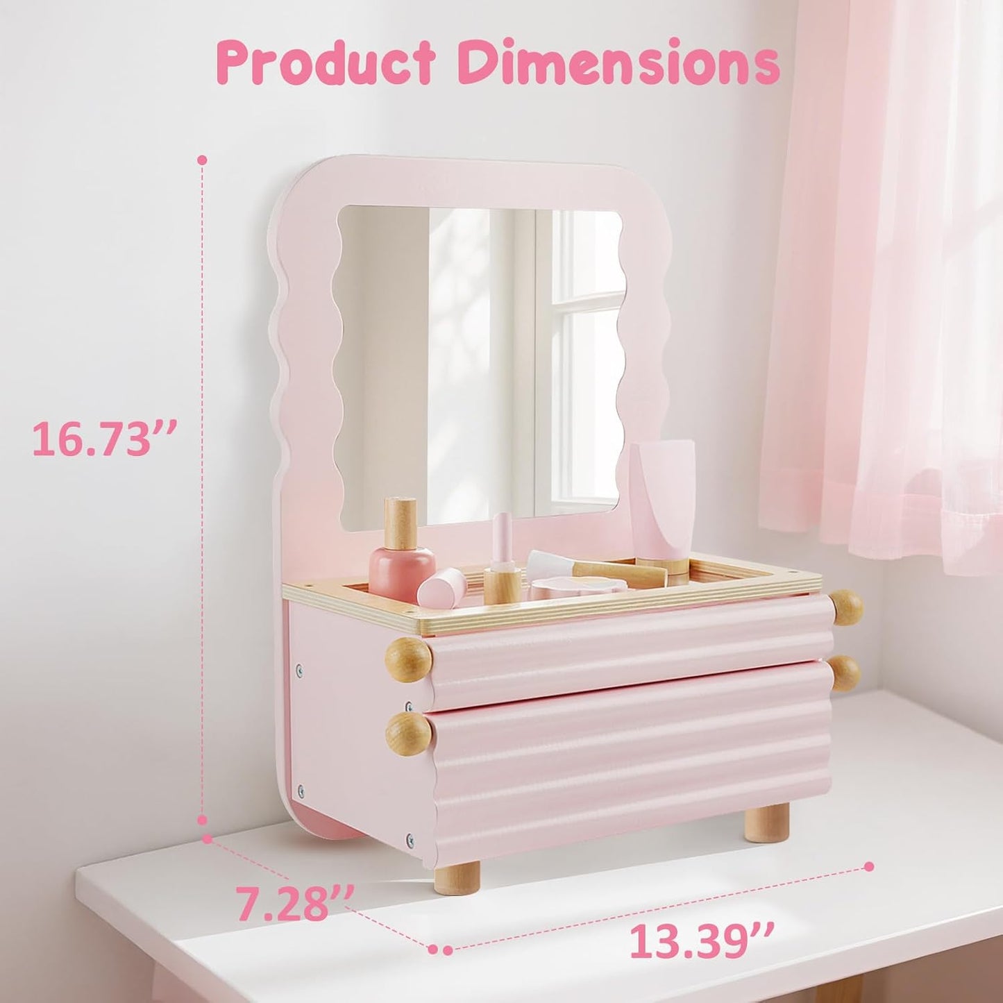 Wooden Kids Vanity Set with Acrylic Display Case, Pretend Play Toddler Makeup Vanity for Girls, Beauty Salon Set with Makeup Accessories, Little Girls Gift Age 3+ (Pink)