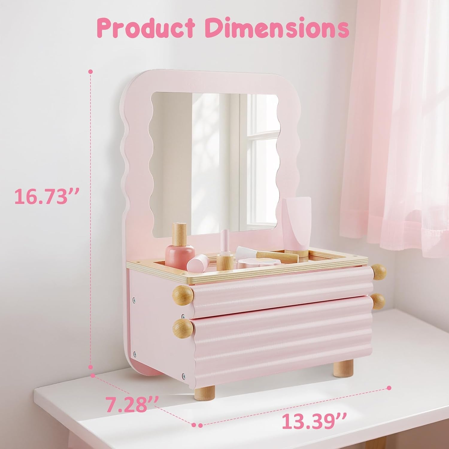 Wooden Kids Vanity Set with Acrylic Display Case, Pretend Play Toddler Makeup Vanity for Girls, Beauty Salon Set with Makeup Accessories, Little Girls Gift Age 3+ (Pink)
