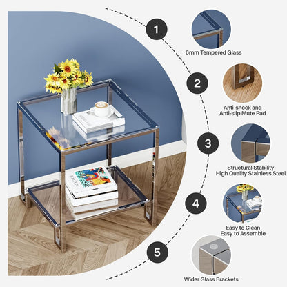 2 Tier Square End Table Side Table with Tempered Glass Top and Silver Stainless Steel Frame Modern Night Stand for Small Spaces Side Table with Storage for Living Room Bedroom
