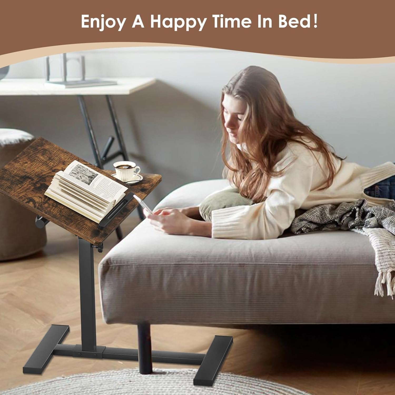 Laptop Desk Bedside Table with Wheels Laptop Stand for Couch Adjustable Tv Tray C End Table, Mobile Sofa Snack Table with Tiltable Top, Brown