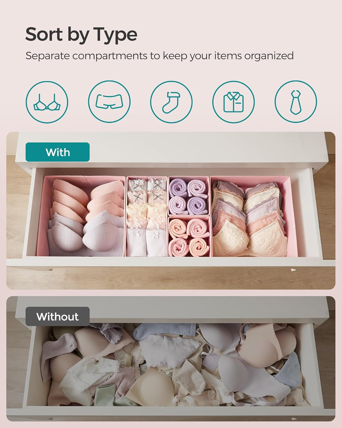 Drawer Organizers, Dresser Divider Organizers, Set of 12, Foldable Fabric Storage Boxes for Socks, Underwear, Bras, Ties, Scarves, Jelly Pink URDZ006R01