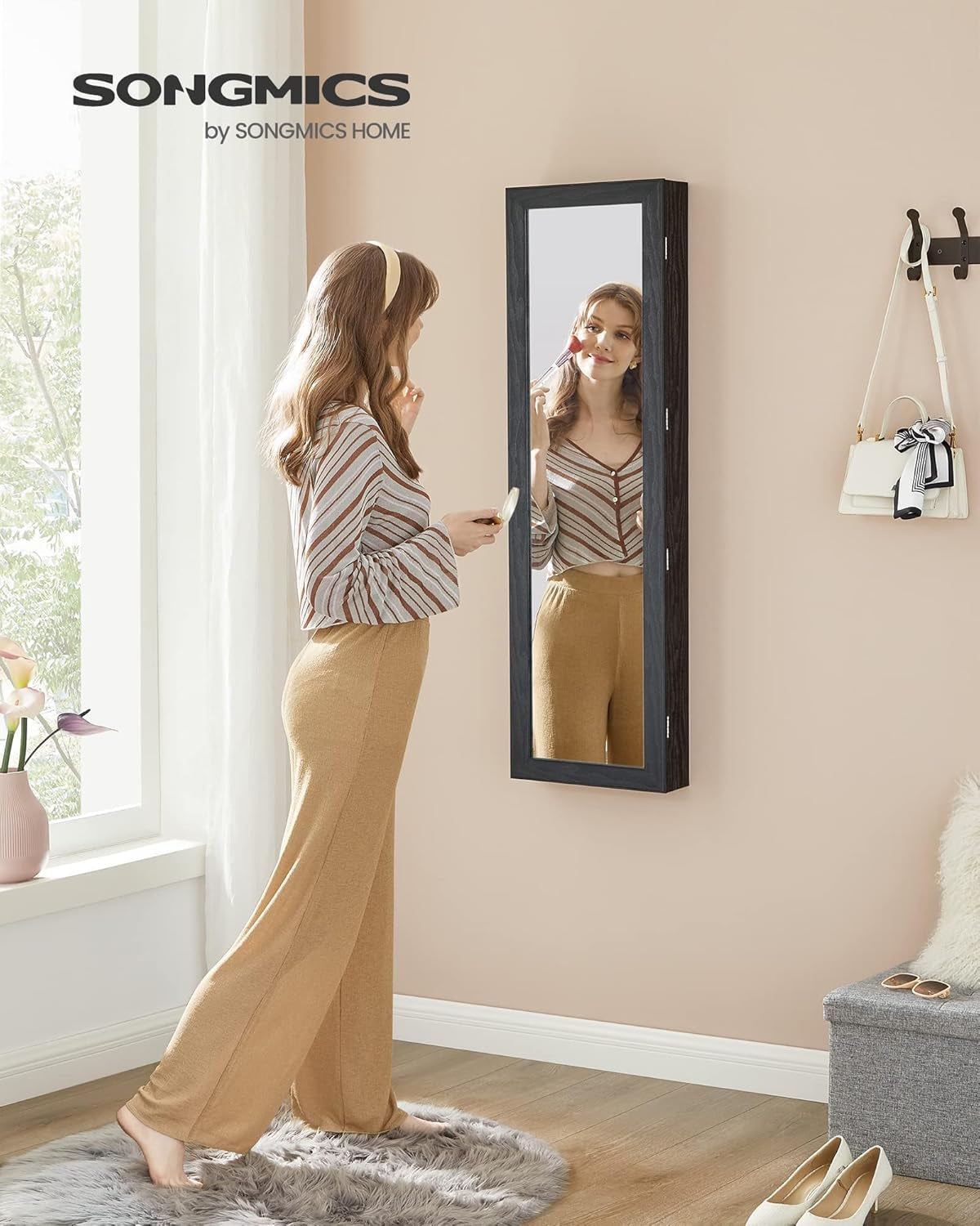 6 Leds Mirror Jewelry Cabinet, 47.2-Inch Tall Lockable Wall or Door Mounted Jewelry Armoire Organizer with Mirror, 2 Drawers, 3.9 X 14.6 X 47.2 Inches, Black UJJC093B01