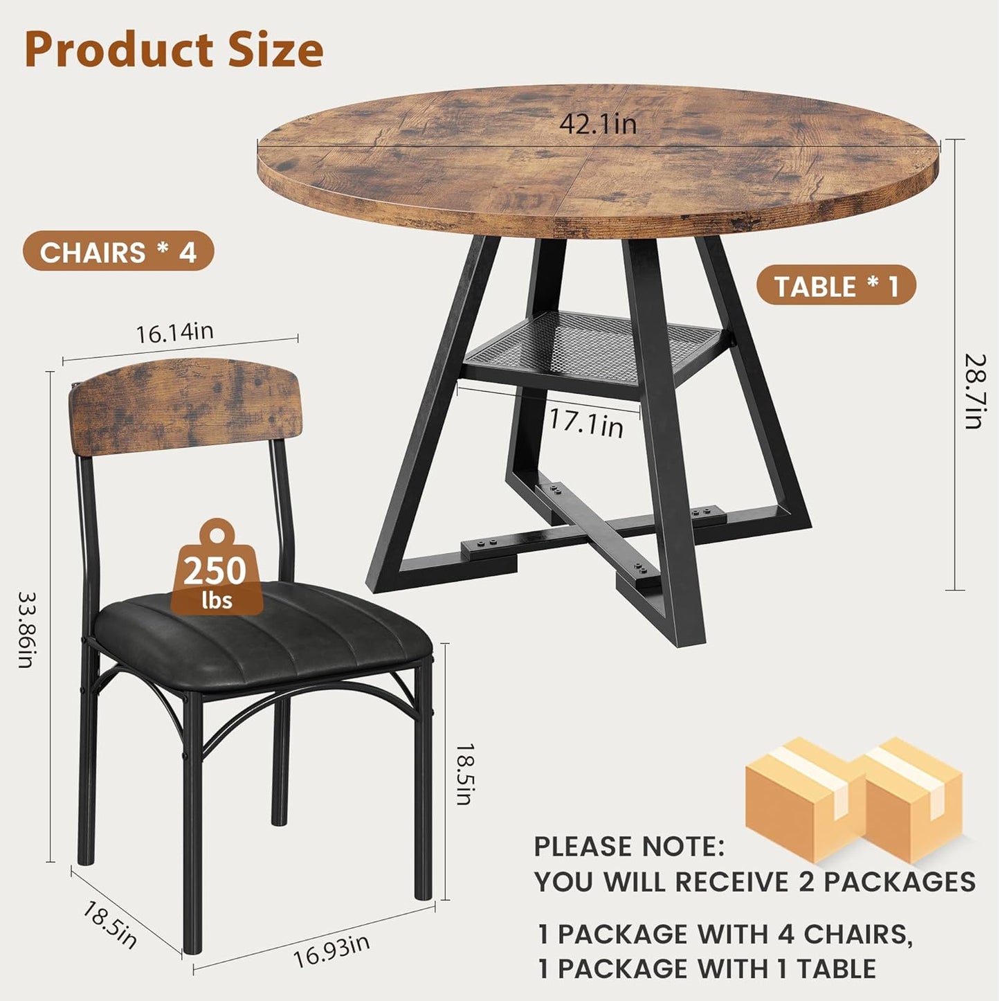 Round Dining Table Set for 4, Kitchen Table and Chairs for 4, Circle Table round Pedestal Dining Room Dinner Dinette Table Set,5 Piece Space Saving Wood Kitchen & Dining Room Tables (Vintage, 42In)