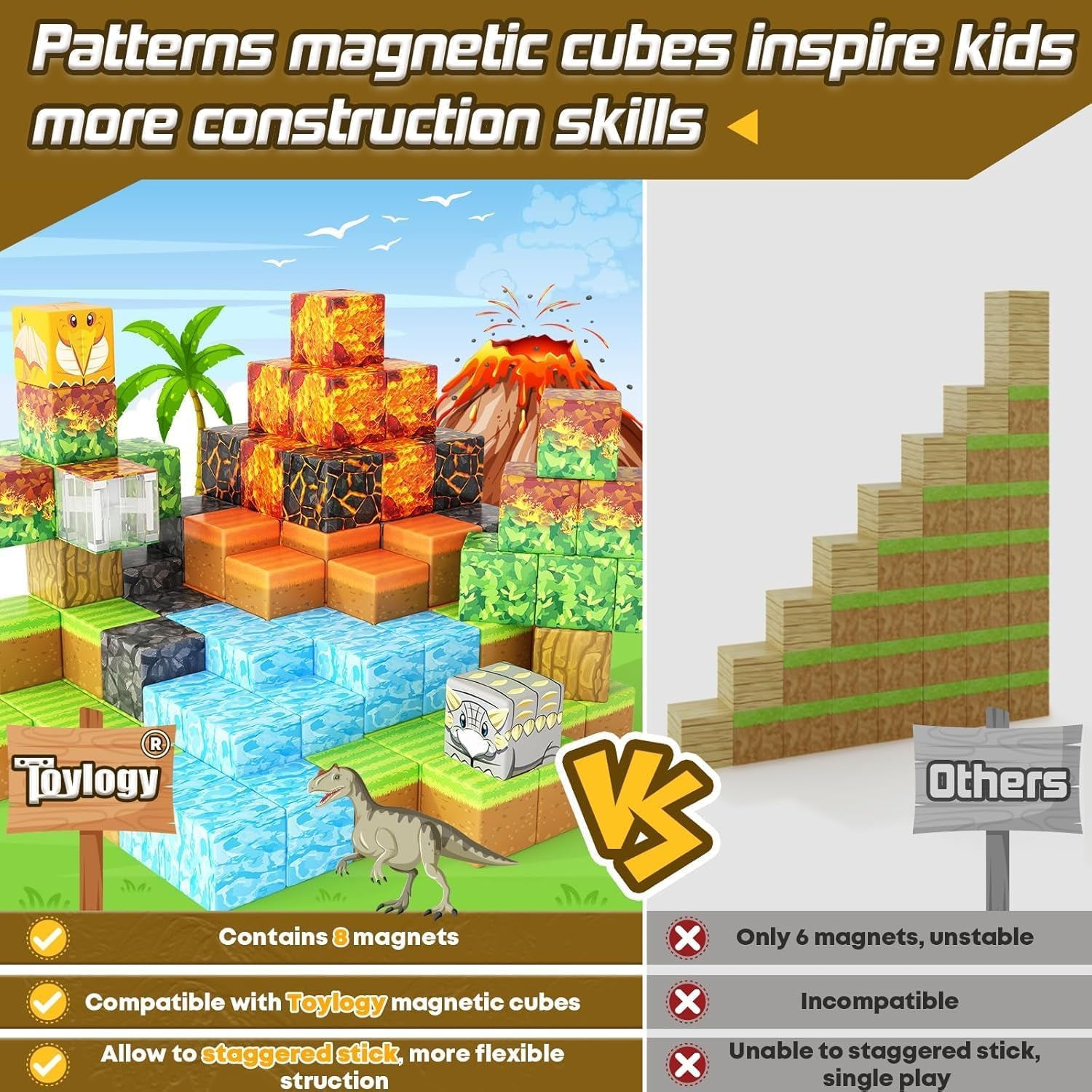 Dinosaur Toys Magnetic Blocks-Build Mine Magnet World Volcano Edition Kids Toy for 3+ Year Old Boys and Girls Building Blocks Toddler Toys Games through Jurassic Learning Sensory Toy Gifts
