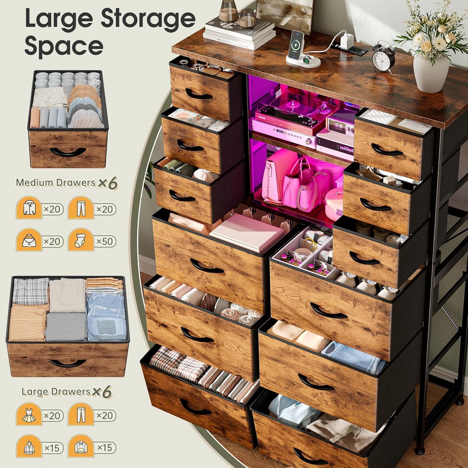 Dresser for Bedroom with Fabric Dresser, Charging Station & LED Light, Large Chest of Drawers for Living Room, Entryway, Metal Frame, Rustic Brown, 50.6" H X 37.8" W X 11.8" D