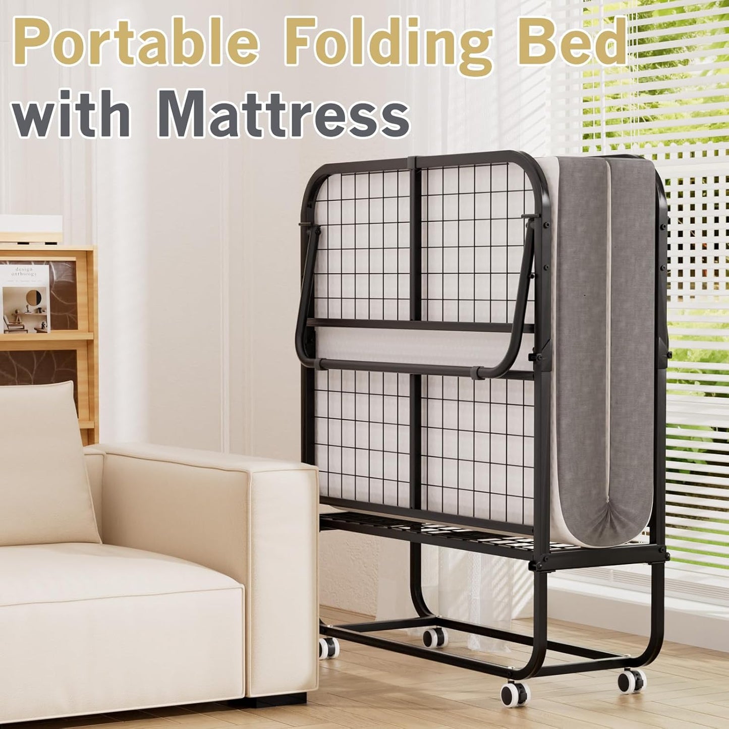 Folding Bed with Mattress for Adults, Portable Foldable Twin Beds with 5-Inch Memory Foam Mattress & Sturdy Metal Frame, Rollaway Bed Space-Saving Easy Storage,75"X 38"