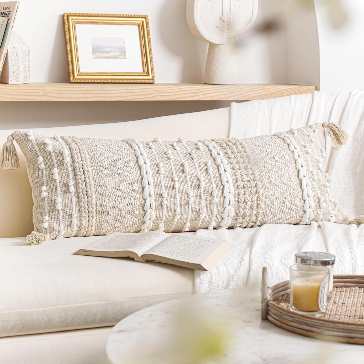 Cream Decorative Lumbar Throw Pillow Cover 14X36 Boho Long Cushion for Bed Neutral Beige White Accent Modern Farmhouse Pillowcase for Bedroom Living Room Couch Sofa Home Décor Cover ONLY