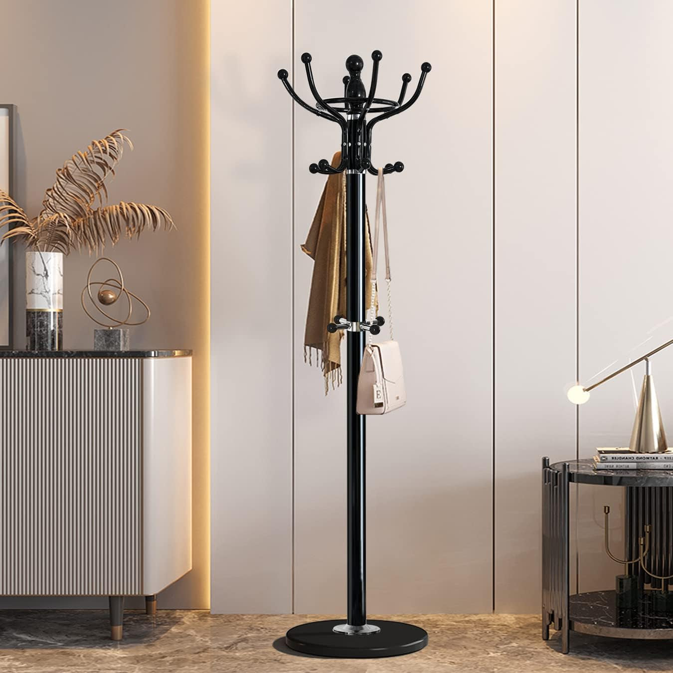 Freestanding Coat Rack with 18 Hooks & Marble Base - Heavy Duty Metal Hall Tree Stand for Entryway, Hats, Coats, Bags Rack - Modern Hanger Organizer for Home, Office, Dorm (18 Hooks -White)