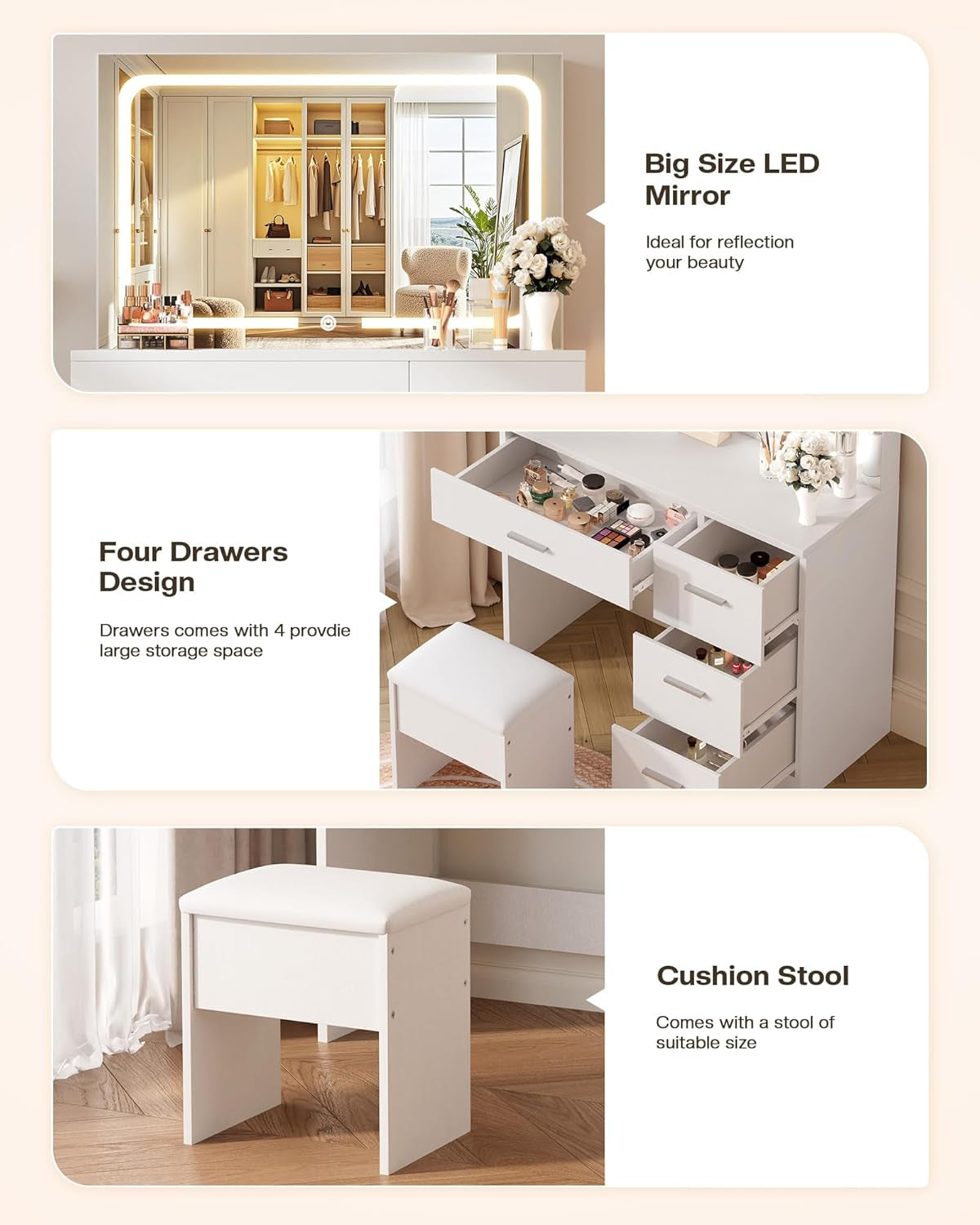 Vanity Desk with LED Mirror, Makeup Vanity with Drawer and Cushion Stool, Dressing Table for Bedrrom, White
