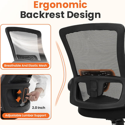 Office Desk Chair Computer High Back Mesh Gaming Seat with Ergonomic Adjustable Comfy Flip-Up Armrests Lumbar Support Height for Home (Black)