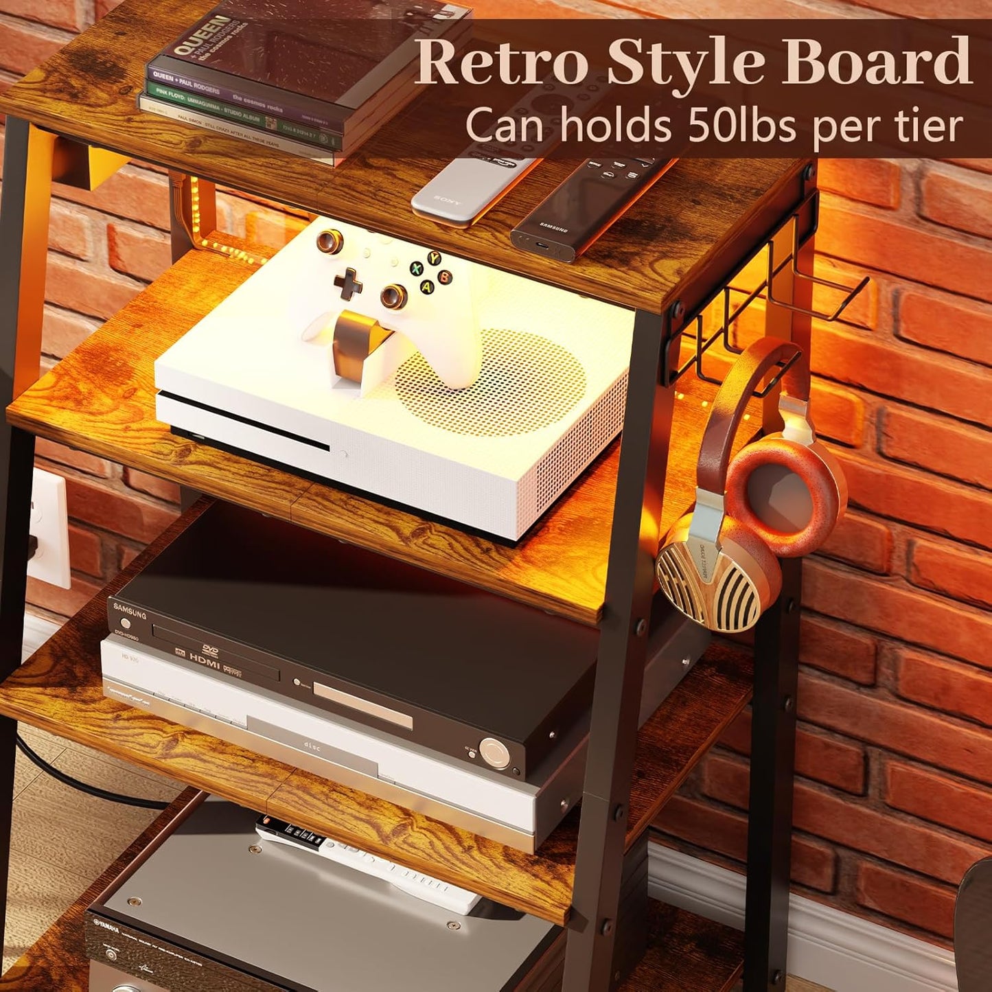 4-Tier AV Media Stand with Power Strips, Heavy Duty Stereo Cabinet Stand with LED Lights, Wooden Record Player Stand with 2 Hooks, Audio Stand Furniture Perfect for DVD Player/Game Console/Tv Box/Xbox
