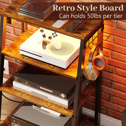 4-Tier AV Media Stand with Power Strips, Heavy Duty Stereo Cabinet Stand with LED Lights, Wooden Record Player Stand with 2 Hooks, Audio Stand Furniture Perfect for DVD Player/Game Console/Tv Box/Xbox