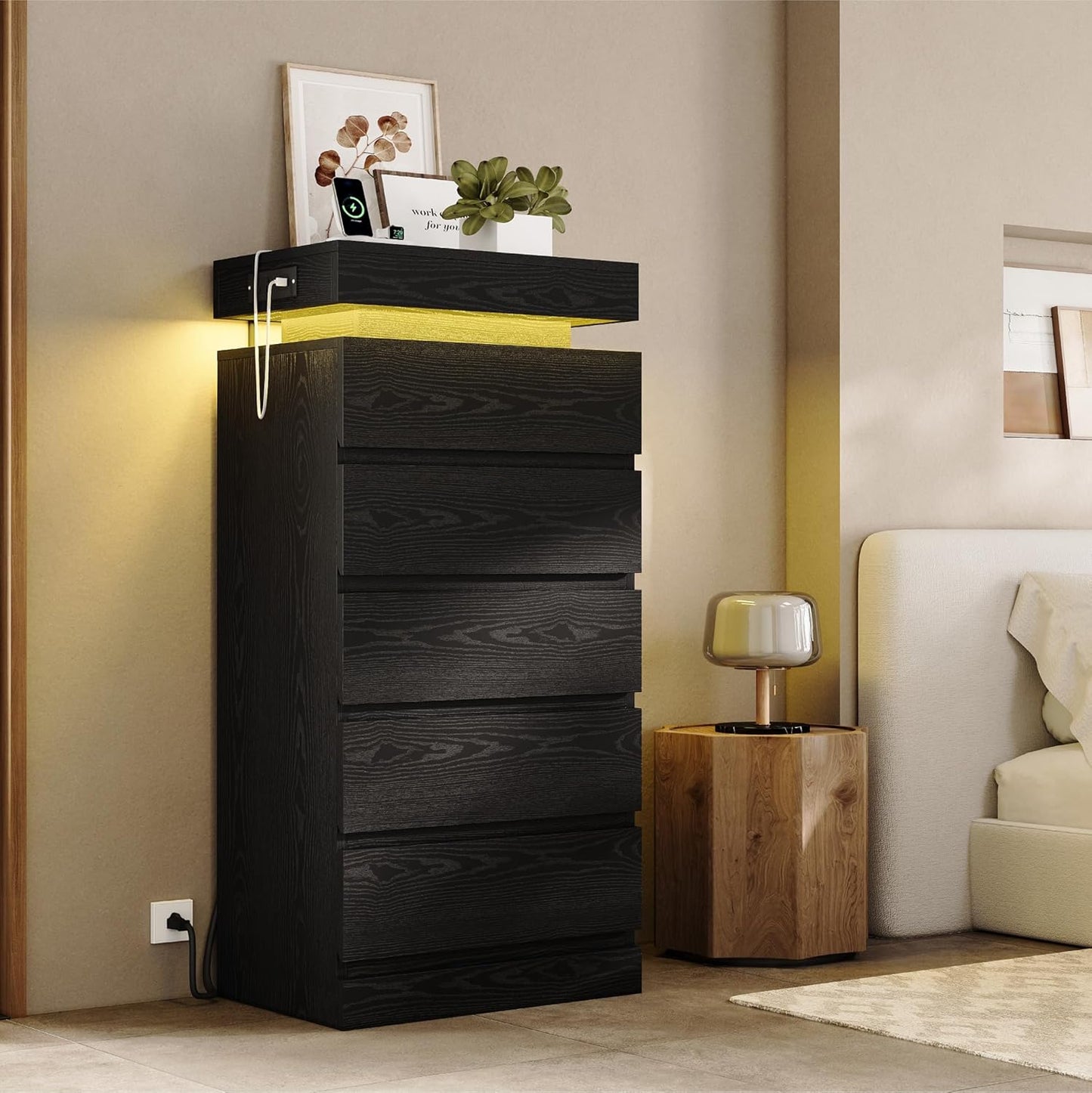 54" Tall 5 Drawer Dresser for Bedroom, Black Dresser with LED Light and Power Outlet, Wood Modern Chest of Drawers for Living Room, Entryway, Hallway