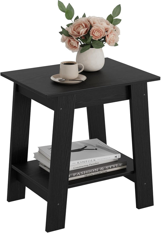 Farmhouse End Table with Storage Shelf - Rustic 2-Tier Side Table, Narrow Nightstand & Small Coffee Table for Living Room, Bedroom, Apartment (Black)